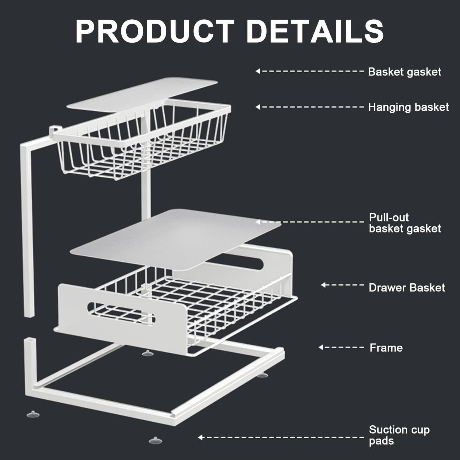 Under Sink Organizer, 2 Tier Slide Out Cabinet Storage Shelves, Multi-Purpose Metal Oragnizer for Home,Kitchen,Bathroom (White) thumbnail 4