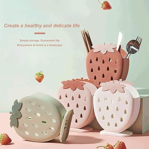 AKOAK 1 Pack Strawberry Chopsticks Stand, Cutlery Storage Box, Suitable for Storing Spoons, Chopsticks, Spoons, Knives and Other Kitchen Utensils (Light Pink) thumbnail 4