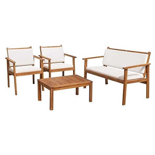 Flamaker Patio Furniture 4 Piece Outdoor Acacia Wood Patio Conversation Sofa Set with Table & Cushions Porch Furniture for Deck, Balcony, Backyard - Image 1