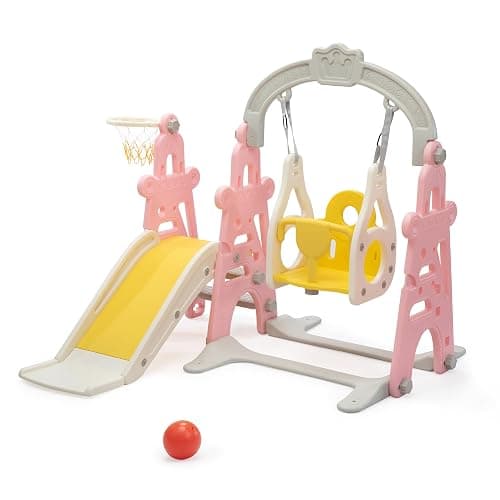 3-in-1 Kids Slide for Toddlers Slide and Swing Set,Indoor Playground for Children,Freestanding Outdoor Slides with Basketball Hoop,Outside Climber Playhouses,Baby Climbing Toys thumbnail 9