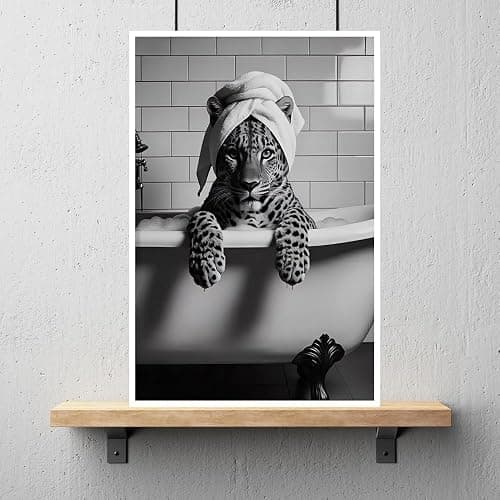 Leopard In Bathtub Canvas Print Trendy Black And White Wall Art Maximalist Poster Luxury Animal Bathroom Spa Decor Aesthetic Pictures for Modern Restroom Home Eclectic Decorations 12x16inch Unframed thumbnail 3