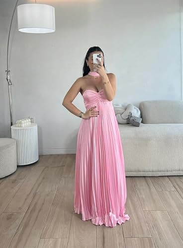 Women Bridesmaid Dress with Scarf Strapless Pleated Satin Flowy Formal Evening Gown Maxi Dresses thumbnail 5