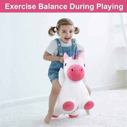 iPlay, iLearn Bouncy Pals Hopping Unicorn Horse, Toddler Girl Inflatable Bouncing Animal Hopper Toy, Outdoor Indoor Plush Ride on Bouncer, Baby Birthday Gift 18 Month 2 3 4 Year Old Kid - Unicorn thumbnail 5