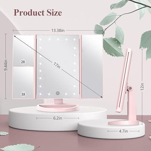 HUONUL Makeup Mirror Vanity Mirror with Lights, 2X 3X 10X Magnification, Lighted Makeup Mirror, Touch Control, Trifold Makeup Mirror, Dual Power Supply, Portable LED Makeup Mirror, Women Gift (Pink) thumbnail 6
