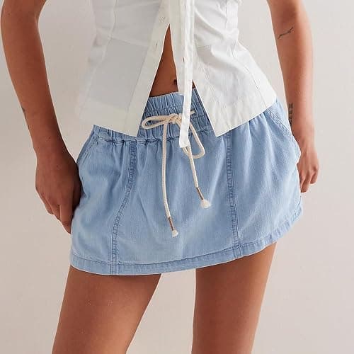 utcoco Womens 2025 Summer Denim Skirts Shorts Y2K Drawstring Elastic Low Wasit Jean Shorts with Pockets - Medium - Light Blue thumbnail 2