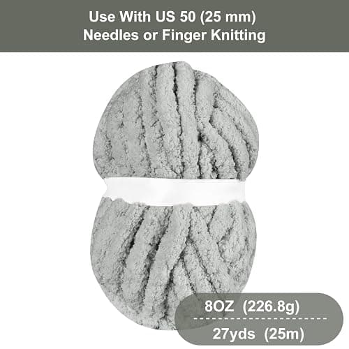 BSRHOME Chunky Chenille Yarn for Hand Knitting,Fluffy Soft Jumbo Yarn by Circular Needle & Crochet Hook,Super Bulky Big Yarn for Chunky Blanket,Large Thick Arm Knitting,1 Pack,Light Grey thumbnail 2