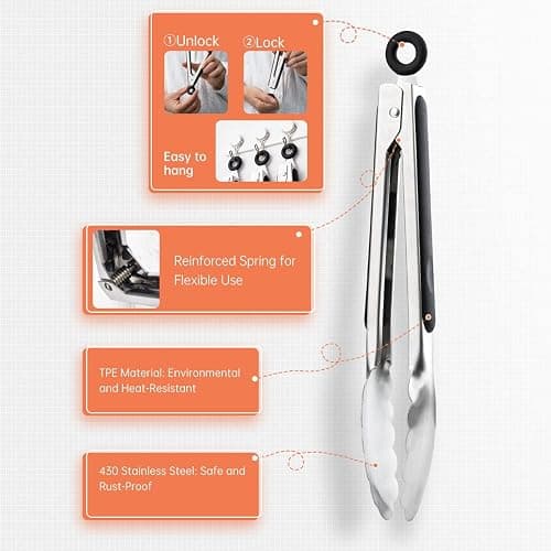 9 & 12 Inch Kitchen Tongs, Stainless Steel Metal Tongs Cooking Tongs, for Cooking Barbecue, BBQ Grilling, Buffet Serving (9"+12") thumbnail 4