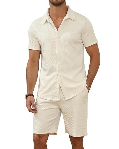 MLANM Men's Shirt Set 2 Piece Summer Outfit Short Sleeve Button Down Shirts and Shorts Sets with Pockets thumbnail 2