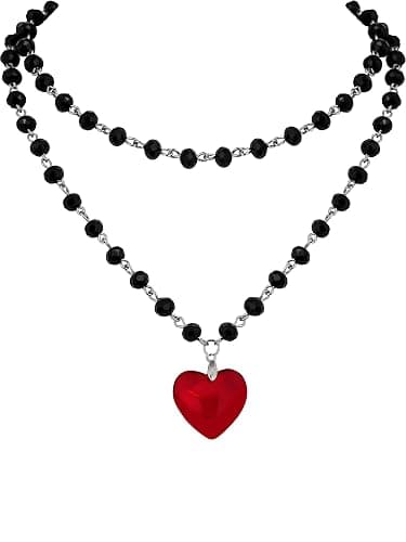 Sacina Goth Y2k Red Heart Necklace, Layered Black Beaded Heart Choker, Gothic Emo Grunge Y2k Necklace, Valentine Gift, Halloween Christmas Jewelry Gift For Women - Image 1