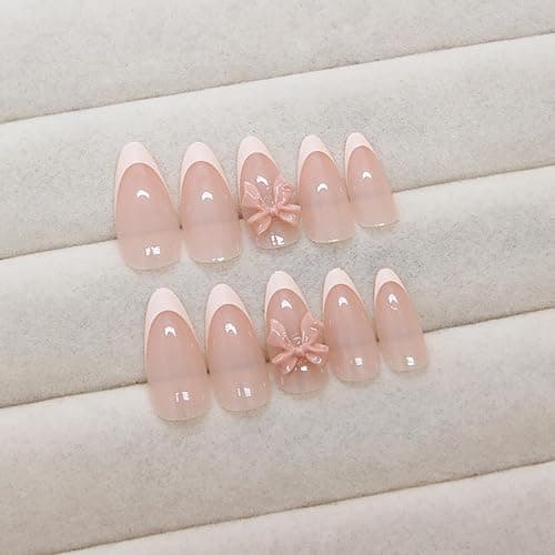 24pcs French Tip Press on Nails Medium Almond Fake Nails with Charms Designs Bow False Nails Stick on Nails Full Cover Glossy Artificial Nails for Women Girl Nail Decoration Supplies thumbnail 3