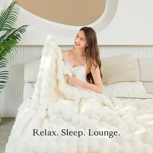 The Malibu Blanket - LuxeComfort Faux Fur Bubble Blanket 50"x60" Lighthouse Cream - Luxuriously Soft, Elegant, Reversible Design, Home Décor, Picnics, and Travel (Lighthouse Cream, Throw 50x60) thumbnail 5