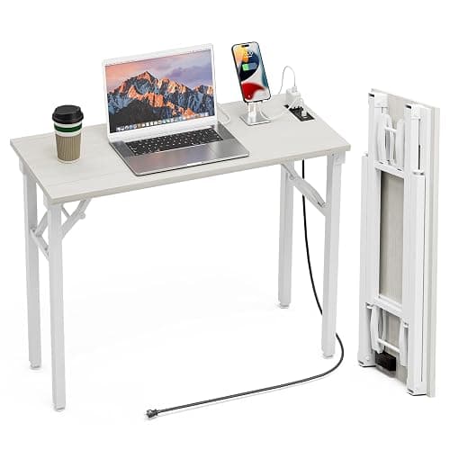 TEMI Small Computer Desk Folding Table - No Assembly, Compact 35.8" Foldable Desk with Power Outlets & USB Charging Port, Portable Small Office Desk, Ideal Mini Study Table for Narrow Spaces,White Ash - Image 1