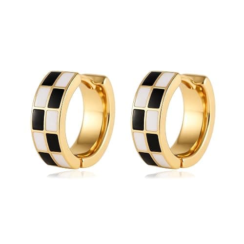 Sriomu Chic Checker Small Hoop Cartilage Earrings Teacher Earrings for Women;White Black Enamel Hypoallergenic Hooped Gifts Gold and Silver tone - Image 1