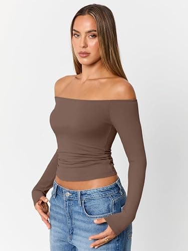 Trendy Queen Womens Long Sleeve Off The Shoulder Tops Going Out Cute Basic Y2K Fall Fashion 2025 Outfits Clothes thumbnail 5