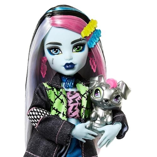 Monster High Frankie Stein Doll in Denim Jacket & Shorts, Includes Pet Dog Watzie & Accessories like a Backpack, Snack & Notebook thumbnail 3