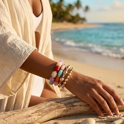 DIOWUS Colorful Beaded Bracelet Set For Women, 4pcs Gold Tone Chunky Stackable Resin Acrylic Bead Stretch Bracelets Boho Summer Beach Gift Jewelry thumbnail 4