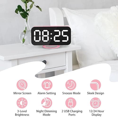 Lamisola Pink Digital Alarm Clock for Girls, Large LED Mirror Desk Clock, 2 USB Charging Ports, Nightstand Table Aesthetic Sleek Clocks Decor for Bedroom Office, Pink thumbnail 2