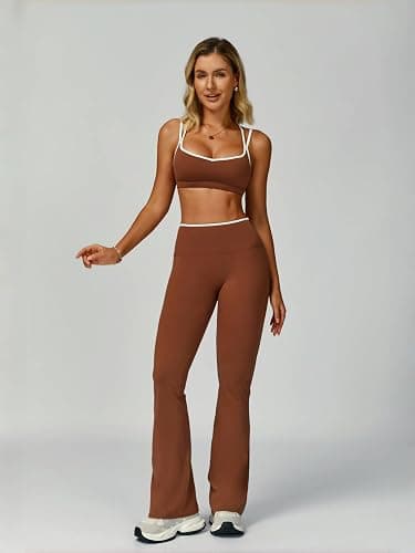 ABOCIW Workout Sets for Women 2 Piece Color Block Strappy Sports Bra High Waist Flare Leggings Gym Yoga Pilates Outfits thumbnail 3