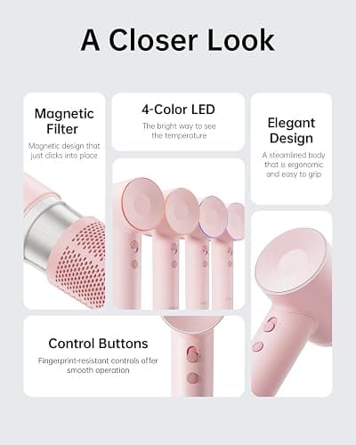 Laifen Hair Dryer SE, Blow Dryer with Diffuser & Nozzle for Curly Hair, 200M Ionic Hair Dryer with 105,000 RPM Low Noise Brushless Motor for High-Speed Drying, for Travel & Home 2024 Upgraded (Pink) thumbnail 8