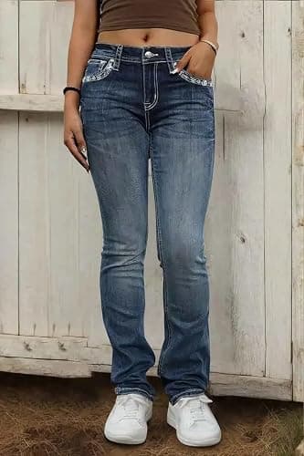 Flamingals Embroidered Bootcut Jeans for Women Mid Rise Stretchy Criss Cross Graphic Curvy Bell Bottom Jeans thumbnail 3