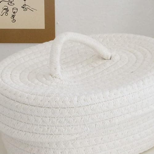 AUNMAS Oval Cotton Rope Storage Basket with Lid, Lidded Woven Storage Container Multifunctional Desktop Storage Box for Makeup Sundries Snack Needles (Milky White) thumbnail 3