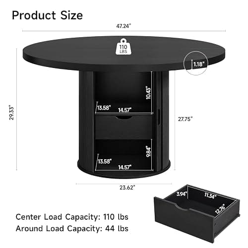 47 inch Round Dining Table for 4, Circle Kitchen Table with 2-Layer Storage Shelf and a Drawer, Modern Farmhouse Dinner Tables with Sliding Door and Wood Strip Base for Kitchen, Living Room (Black) thumbnail 2