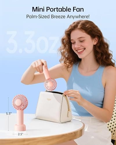 SWEETFULL Mini Portable Fan - Rechargeable Handheld Fan, 3 Speeds Personal Small Hand Gifts for Travel Essentials, Lash, Makeup, Eyelash, Kids, Girls, Women - USB, Cute Design Pink thumbnail 2