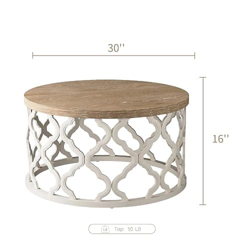 Farmhouse Coffee Table, French Country Round Coffee Table, Coastal Coffee Table with Distressed Top, Boho Center Table with Curved Motif Frame Base for Living Room, Dining Room, Bedroom, Cream Beige thumbnail 2