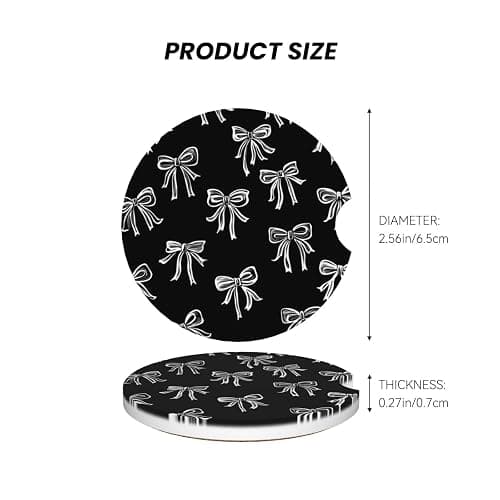 Black White Bows Print 2 Pack Car Cup Holder Coaster Ceramic Cork Base Drink Coasters for Home Kitchen Office Party Table Decor Auto Accessories Gifts thumbnail 2