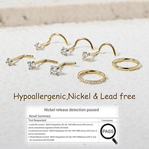 DAILI 8PCS Titanium Nose Rings Stud, Gold Nose Ring for Women Men Hypoallergenic Nostril Hoops L Shape Nose Studs Corkscrew CZ Nose Piercing Jewelry Silver 18G & 20G Nose Ring Studs 2/2.5/3mm thumbnail 5