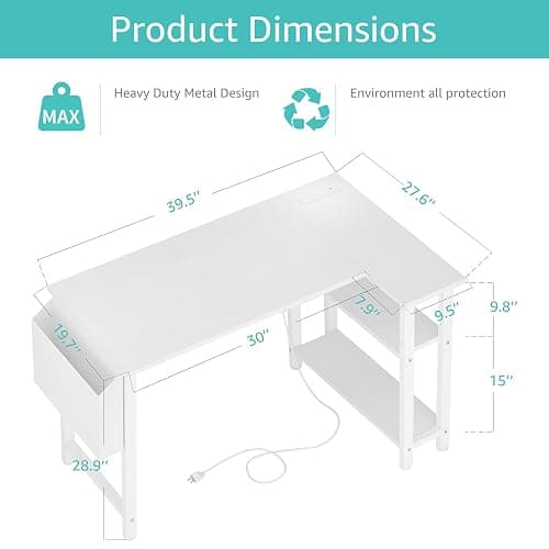 Lufeiya White L Shaped Computer Desk with Power Outlet Shelves, 40 Inch Small Reversible Corner Desk for Small Space Home Office, L-Shaped Desk PC Desks, White thumbnail 3