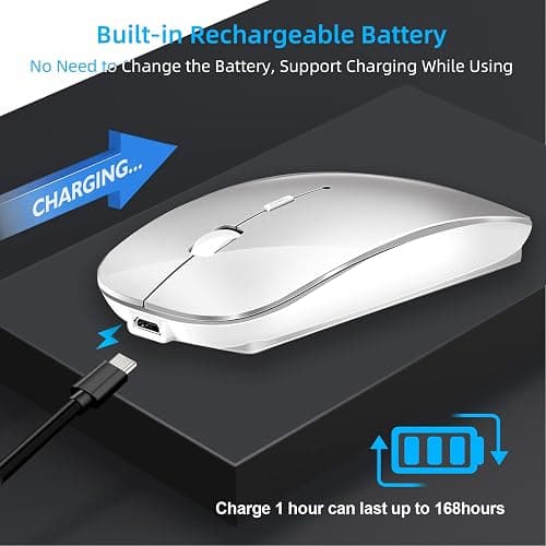 Wireless Mouse for Laptop, Bluetooth Mouse for MacBook Pro/Air/Mac/iPad/Chromebook/Computer -Rechargeale Dual Mode(USB 2.4Ghz + Bluetooth 5.2) Silent Cordless Mouse with USB C Adapter,Silver thumbnail 2
