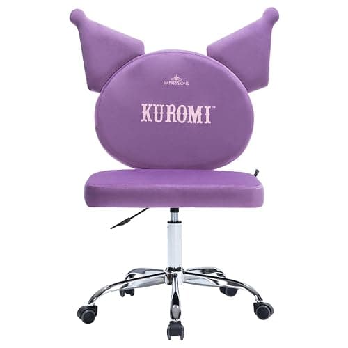 Impressions Vanity Kuromi Armless Swivel Cute Desk Chair for Bedroom, Velvet Makeup Vanity Chair with Back, Rolling Wheels Silver Metallic Base and Adjustable Height (Lilac) thumbnail 2