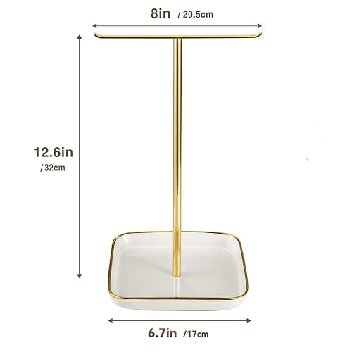 pickpiff Necklace Holder Stand with Ceramic Base: 12" Jewelry Tree Display Organizer for Necklaces, Bracelets, Rings, Earrings, Tall Gold Stand for Women, Aesthetic Room Décor, Gold and White thumbnail 3