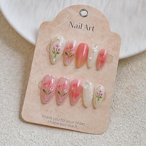 10Pcs Handmade Press on Nails Medium Almond Fake Nails Pink Rose Bow Rhinestones with Heart Charms Glitter Designs Full Cover Gradient Pink Glue on Nails Cute False Nails for Women Girls Acrylic Nails thumbnail 3