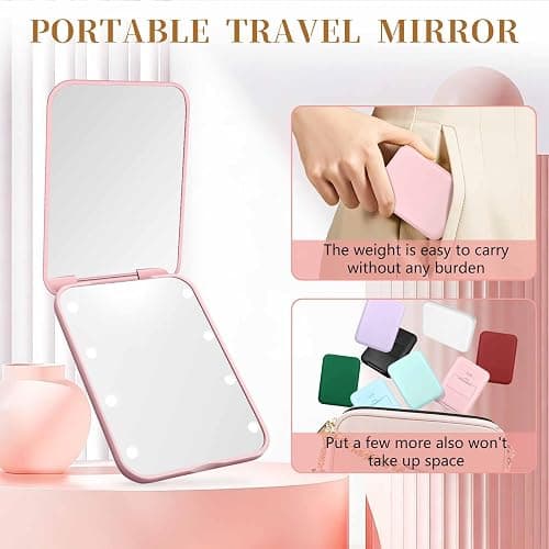Compact Mirror with Light, 1X/3X Magnification LED Pocket Mirror for Women | Portable, Travel, Purse, Pocket, Gift, Pink, mini, small, essentials, led, fiberglass, batteries, rectangular thumbnail 6