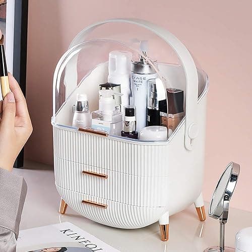 Multi-Function Make Up Case Dustproof Cosmetic Storage Box, Organizer Skin Care Products Jewelry Organizer Finishing Box for Bedroom Bathroom Desktop (White) thumbnail 6