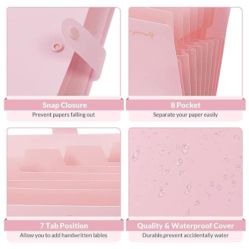 SKYDUE Expanding File Folder, Accordion File Organizer with 8 Pockets, Expandable Document Paper Receipt Holder for School Office Hospital, Letter/A4 Size Pink thumbnail 4