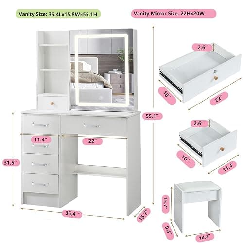 Caulitar Premium Vanity Desk with Mirror and LED Lights, 55.1" H White Makeup Vanity with 6 Drawers 6 Shelves & 1 Chair,Vanity with Led Lights 3 Modes Adjustable and Slide Mirror for Girls and Adults thumbnail 2