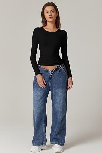 QINSEN Womens Crewneck Long Sleeve Shirt Double Lined Basic Tees Side Ruched Going Out Crop Tops thumbnail 5