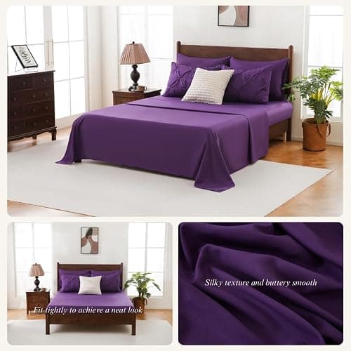 Sheet&Joy Comforter Set Purple - Bed in a Bag Queen Size 7 Pieces, Pintuck Bed Set Gift for Family, Pinch Pleat Comforter with Sheets, Pillowcases & Shams thumbnail 5