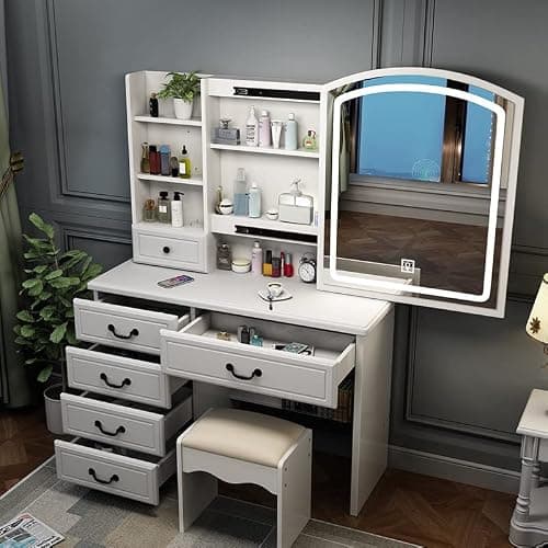 Runboll Makeup Vanity Desk with Mirror and Lights, Dressing Table Set with Stool, Makeup Table with 6 Drawers and Shelves Storage, 3 Lighting Modes, Brightness Adjustable - Image 1