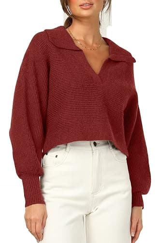 CHYRII Women Overized Puff Long Sleeve V Neck Knitted Polo Pullover Sweater Jumper Tops thumbnail 7