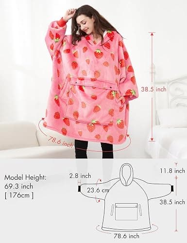 KFUBUO Wearable Blanket Hoodie for Adults Sherpa All Patterns Oversized Sweatshirt Blanket with Pockets Cute Birthday Gifts for Sister Strawberry thumbnail 3
