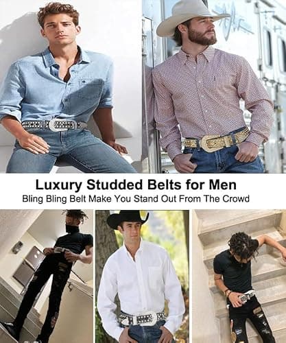 VXRXAL Men Fashion Rhinestone Belt Western Bling Studded Design Leather Diamond Belt for Jeans thumbnail 3