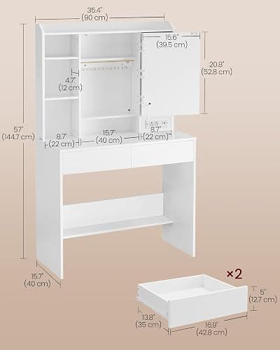 VASAGLE Kailyn Collection - Vanity Desk with Power Outlets, Makeup Vanity with Mirror and Lights, LED Lights, 6 Compartments, 2 Drawers, for Bedroom, Cloud White URDT031WB02S thumbnail 2