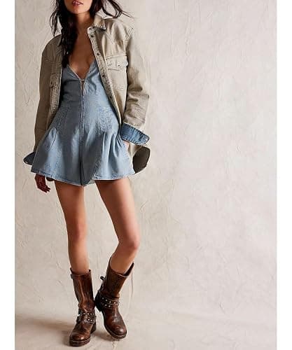 TACSTRUN Women's Sexy Spaghetti Straps Denim Short Jumpsuit High Waist Deep V-Neck Backless Lace Up Jean Romper thumbnail 3