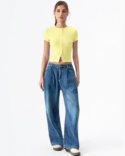 QINSEN Women's Crewneck Short Sleeve T Shirts Ribbed Button Going Out Trendy Tops thumbnail 6