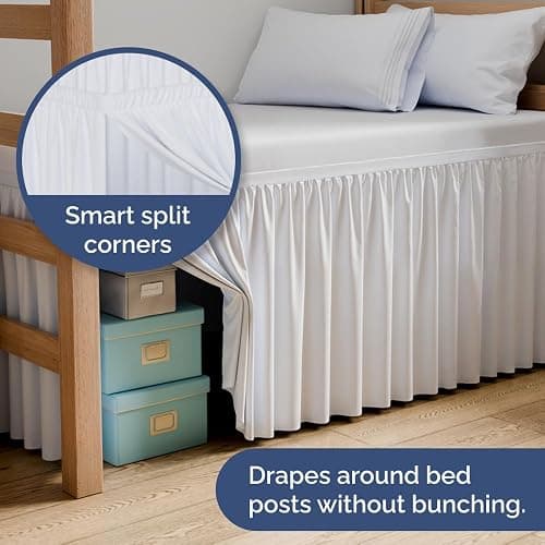 Wrap Around Dorm Room Bed Skirt - For Twin XL Size Beds w/ 30 Inch Drop - Extra Long Dust Ruffled College Bedskirt with Split Corners - Easy Fit Elastic Strap - Adjustable, Fade & Wrinkle Free - White thumbnail 4
