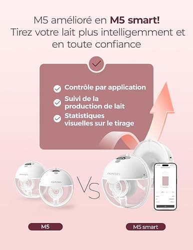 Momcozy M5 Smart Tire-lait Électrique Main Libre, Tire-lait Portable Contrôlé par Application, Pompe Électrique Sans Fil, 3 Modes 9 Niveaux d’Aspiration, Téterelle 24 mm(Gris, 2 Pièces) thumbnail 2